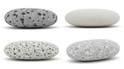 Set of four different smooth grey pebbles and stones with various textures isolated on white background