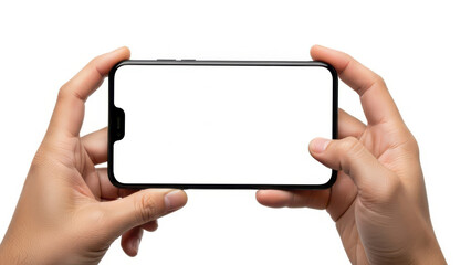 Person hands holding a modern smartphone in horizontal orientation with a blank white screen for mockup isolated on white background