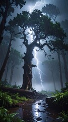 Lightning strikes a tall tree in a dark, misty forest during a storm