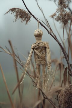 A small human-shaped figure made of straw, bound with twine, hanging from a branch among dry reeds. Concept scarecrow, straw figure, hanging from a branch, dry reeds, rustic art