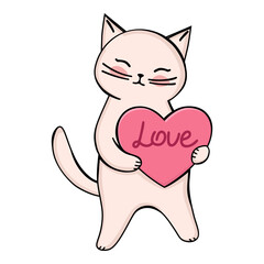 Cat holding pink heart with love lettering, valentine design, vector illustration
