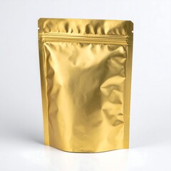 Metallic golden pouch standing upright, studio shot on white backdrop