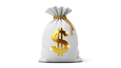 White money bag with gold dollar sign gold rope isolated