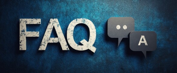 The FAQ letters with question and answer speech bubbles on textured blue background