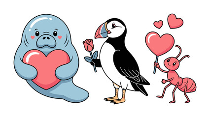 Valentine's Day Trio: Three charming characters, a manatee, a puffin, and an ant, share the spirit of love and affection, each expressing heartfelt sentiments with sweet gestures.