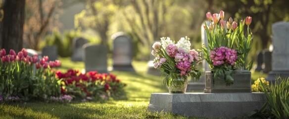 The Gravestone Adorned with Flowers in a Sunlit Spring Cemetery with Tulips