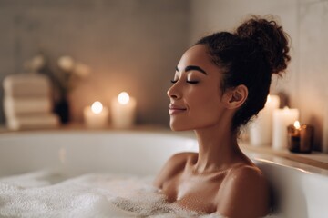 african woman relaxing in a bubble bath with candles