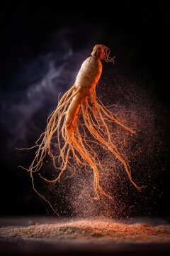 turmeric root with orange powder dust around it Concept Turmeric roots close-up, Orange powder dust, Spice photography, Golden yellow hues, Organic cooking ingredients