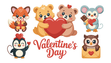 Obraz premium Valentine's Day with Cute Animal Friends: A charming Valentine's Day composition featuring adorable animal illustrations expressing love and affection, perfect for conveying warmth and friendship.