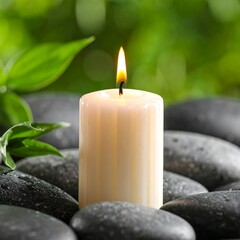 Lit white candle, spa setting with stones and green leaves