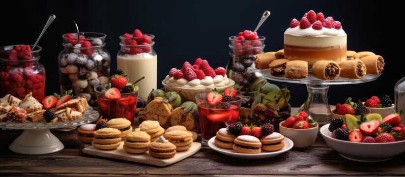 Elegant dessert buffet table with a variety of cakes, macarons, and fresh berry sweets for a party.