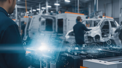 Digital interface overlays modern automated car manufacturing assembly line factory.