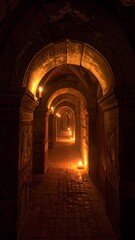 Long, arched corridor, lit by candles, leading into the distance