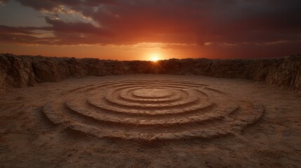 Ancient spiral pattern in desert at sunset