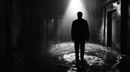 Obraz premium Man walks flooded alleyway, rain, spotlight, mystery