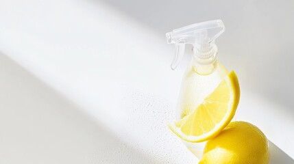 Close up of glass spray bottle filled with lemon essence, accompanied by fresh lemon slices, showcasing vibrant colors and refreshing essence for cleaning or culinary use