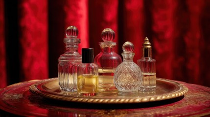 Elegant display of vintage perfume bottles on ornate tray with red velvet background