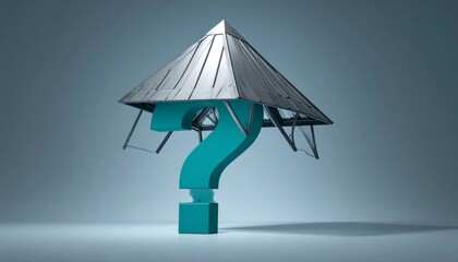 Metallic triangular roof structure with large teal question mark underneath on gradient gray-blue background.