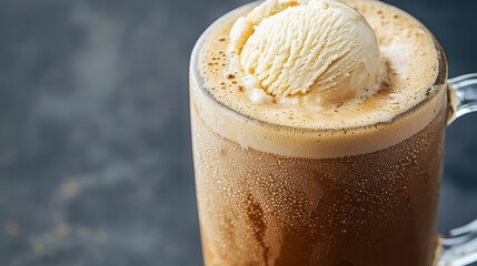 Creamy ice cream floats on top of a frothy soda.