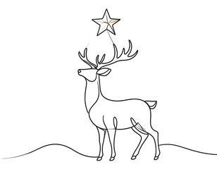 Minimalist black line drawing of reindeer gazing upward at a star