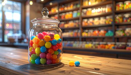 Transparent container filled with multicolored round candies on wooden surface in candy store setting.