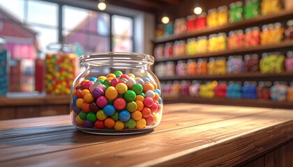 Transparent container filled with multicolored round candies on wooden surface in candy store setting.