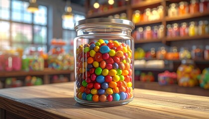 Transparent container filled with multicolored round candies on wooden surface in candy store setting.
