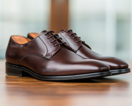 Classic brown leather oxford shoes on a wooden floor.
