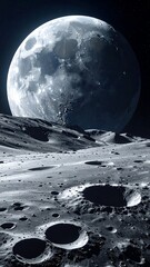 Lunar surface view with the earth's moon prominently displayed in the heavens