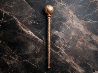 Ornate golden scepter on dark marble background