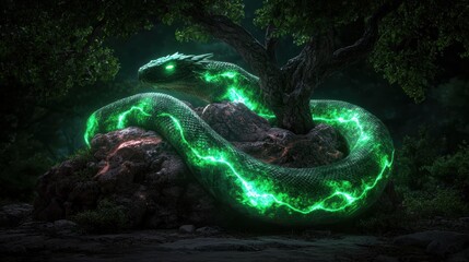 Glowing green serpent coiled around ancient tree trunk