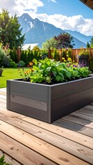 Lush raised garden bed with vibrant flowers, lush green backdrop