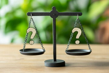 Conceptual balance scale with question marks on both sides, symbolizing doubt and uncertainty