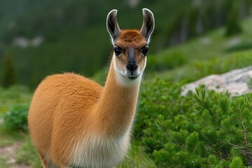 Obraz premium Guanaco with curious gaze in a mountain meadow