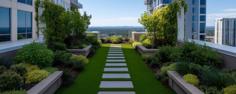 Modern rooftop garden with city views and stepping stones.