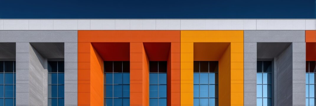 Modern building facade with bright orange and gray geometric design
