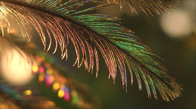 Intricate iridescent barbules of a peacock feather showcasing vibrant natural beauty and delicate textures