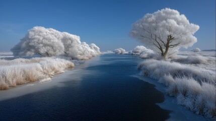 Frozen river and trees covered in frost under a clear blue sky.