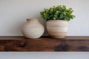 Rustic wooden shelf with decorative ceramic vases and greenery