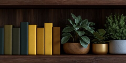 Books and houseplants on a wooden shelf