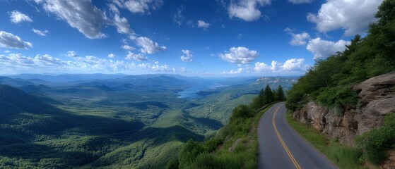 Scenic mountain road overlooking a vast blue lake and valley