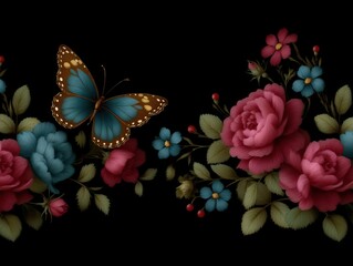 Vintage butterfly and roses border on black background