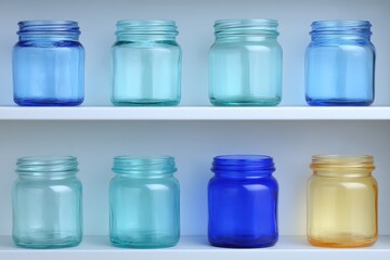 Colorful glass jars arranged on white shelves