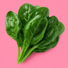 Fresh green spinach leaves on a pink background