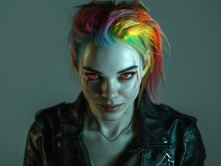 Cyberpunk woman with rainbow hair and glowing red eyes