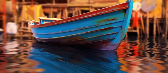 Obraz premium A vibrant blue and red boat floats on rippling water, reflecting colorful lights in a harbor.