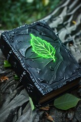 Mysterious black book with glowing green leaf emblem.
