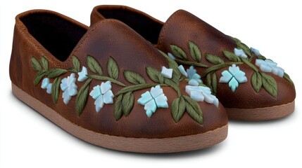 Brown leather slip-on shoes with floral embroidery