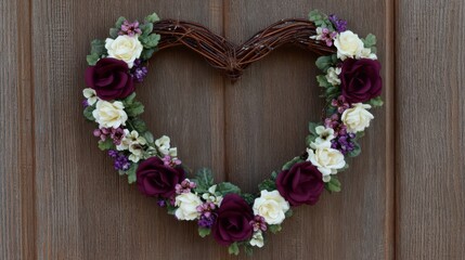 Heart-shaped floral wreath with deep red and cream roses
