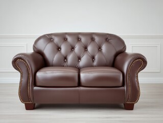 Classic brown leather chesterfield sofa with brass studs